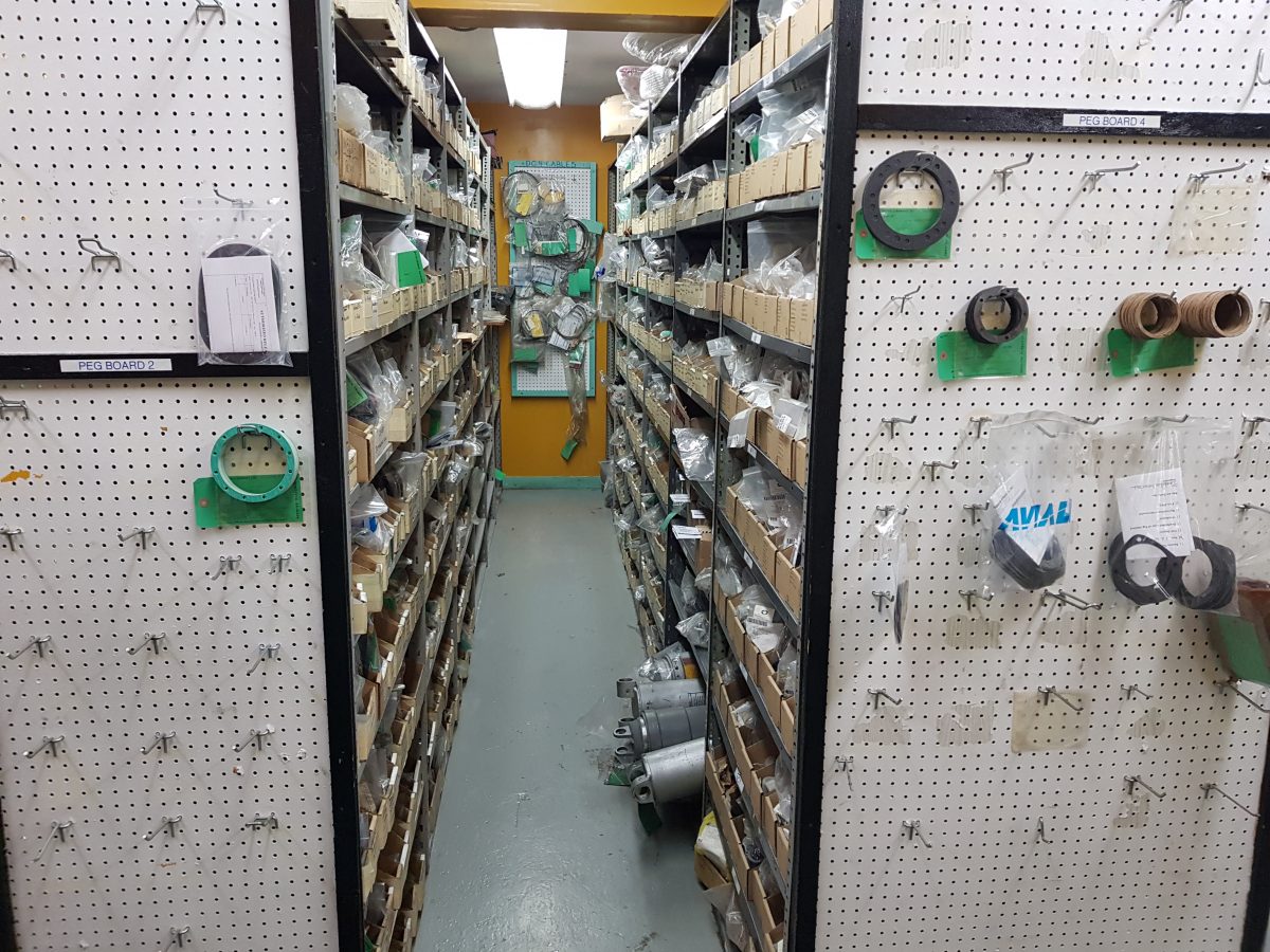 Aisles of catalogued aircraft parts in the Buffalo stores