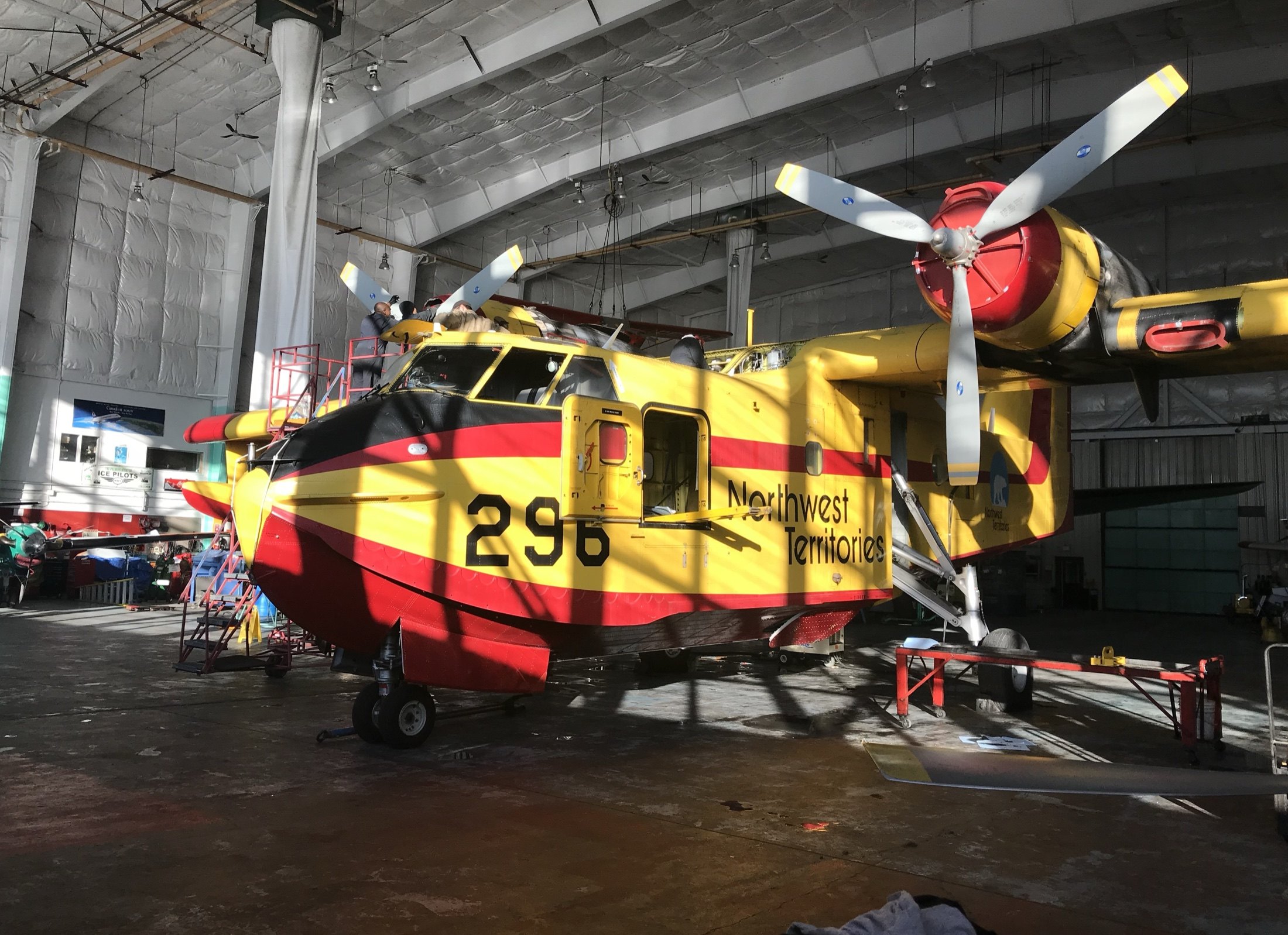 Tanker 296 in Northwest Territories colours in the hangar for winter maintenance