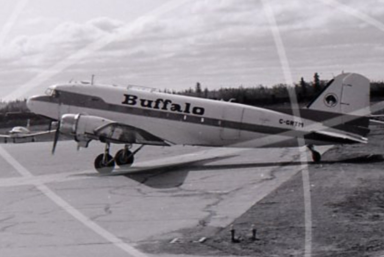 Buffalo Airways' first DC-3 in a black and white photograph